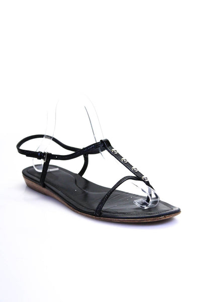 Tods Women's T-Straps Ankle Buckle Studs Flat Sandals Black Size 10