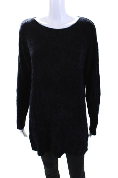 Eileen Fisher Womens Long Sleeve Side Slit Knit Blouse Dark Blue Size L