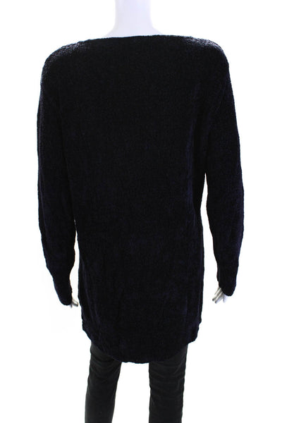 Eileen Fisher Womens Long Sleeve Side Slit Knit Blouse Dark Blue Size L