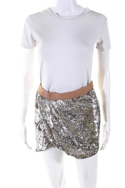 Haute Hippie Womens Silk Sequin Gathered Mini Skirt Silver Size XS