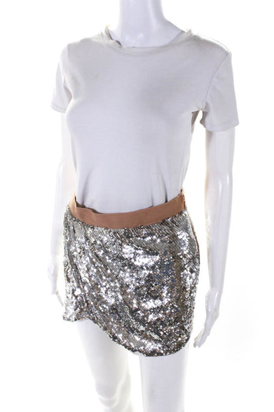 Haute Hippie Womens Silk Sequin Gathered Mini Skirt Silver Size XS