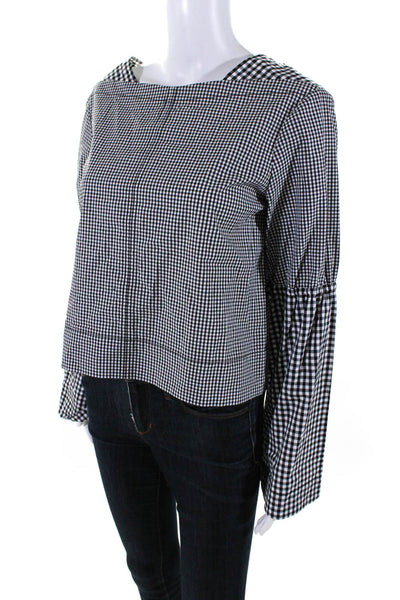 Derek Lam 10 Crosby Women's Square Neck Bell Sleeves Blouse Black Check Size 6