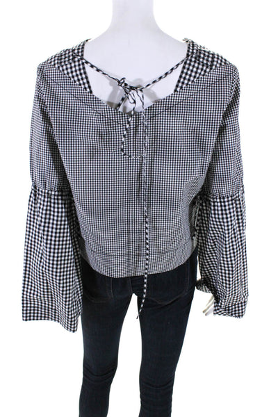 Derek Lam 10 Crosby Women's Square Neck Bell Sleeves Blouse Black Check Size 6