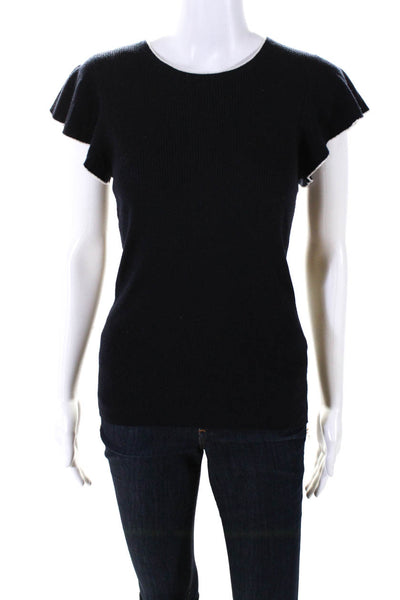 Frame Womens Wool Knit Ruffle Trim Short Sleeve Pullover Top Navy Size M