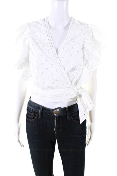 Intermix Womens Cotton Eyelet V-Neck Short Sleeve Wrap Blouse Top White Size 4