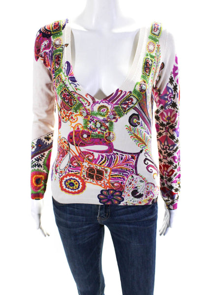 Etro Womens Long Sleeve Beaded Trim Printed Silk Sweater White Multi Size IT 38