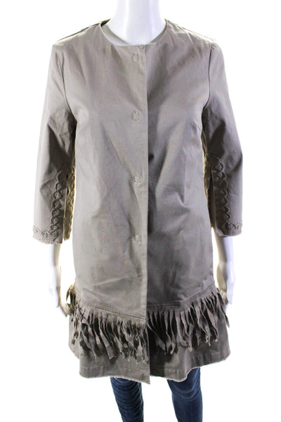 History Repeats Womens Button Front Crew Neck Fringe Jacket Brown Cotton IT 40