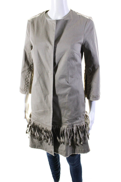 History Repeats Womens Button Front Crew Neck Fringe Jacket Brown Cotton IT 40