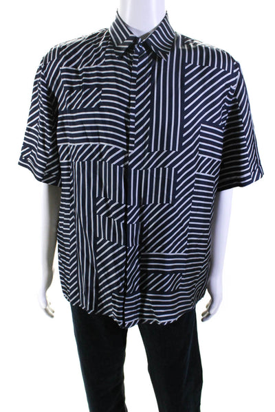 Fendi Mens Short Sleeve Striped Silk Satin Button Up Shirt Navy Blue Size 42