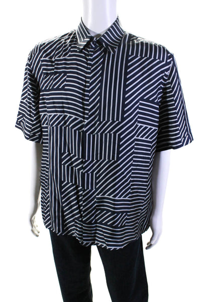 Fendi Mens Short Sleeve Striped Silk Satin Button Up Shirt Navy Blue Size 42