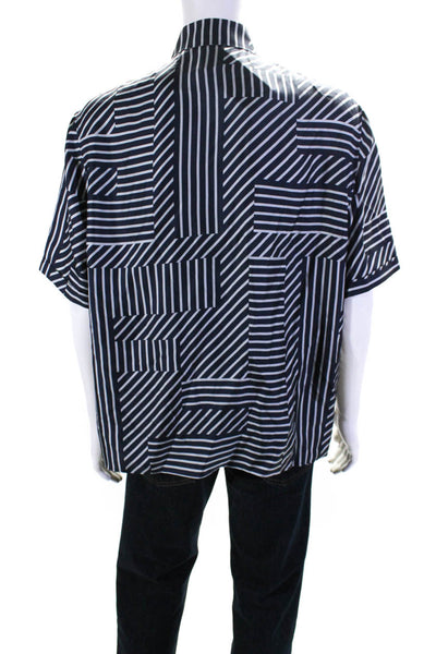 Fendi Mens Short Sleeve Striped Silk Satin Button Up Shirt Navy Blue Size 42