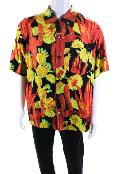 Loewe Mens Cactus Silk Satin Short Sleeve Shirt Black Orange Yellow Size 41