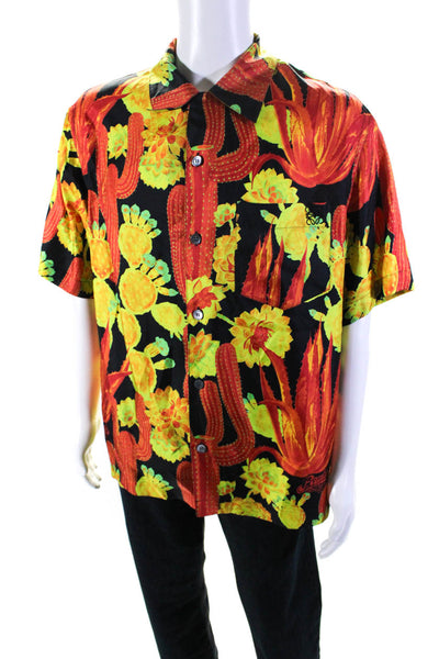 Loewe Mens Cactus Silk Satin Short Sleeve Shirt Black Orange Yellow Size 41