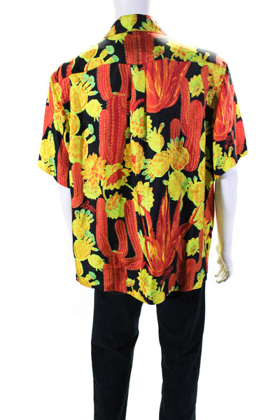 Loewe Mens Cactus Silk Satin Short Sleeve Shirt Black Orange Yellow Size 41