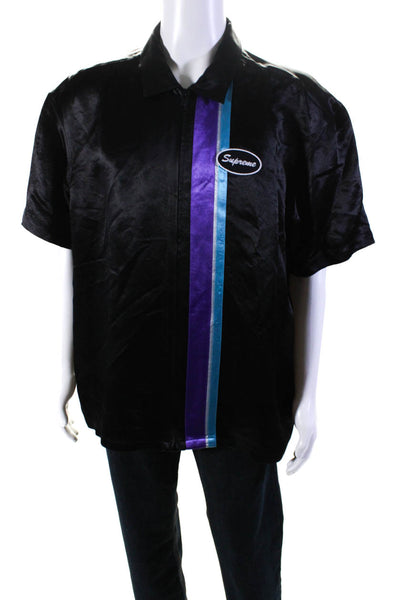 Supreme Mens Short Sleeve Zip Satin Stripe Bowling Shirt Black Blue Purple XL
