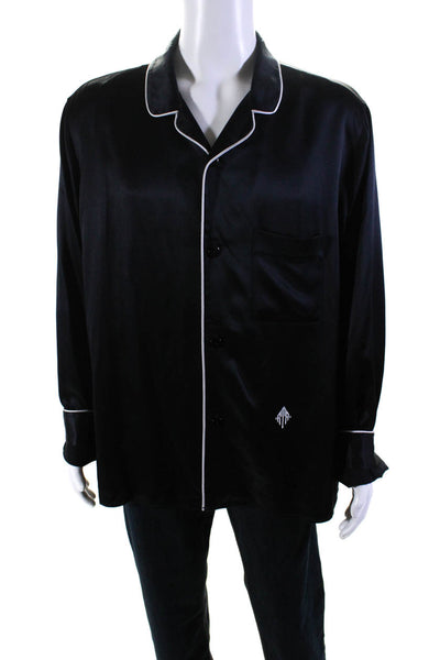 R+A Mens Long Sleeve Silk Satin Piping Button Up Pajama Dress Shirt Black XL