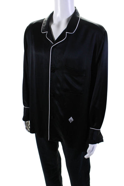 R+A Mens Long Sleeve Silk Satin Piping Button Up Pajama Dress Shirt Black XL