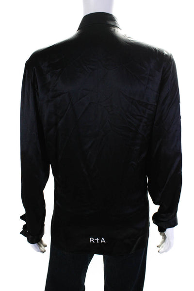 R+A Mens Gothic Letter Print Long Sleeve Silk Satin Button Up Shirt Black XL