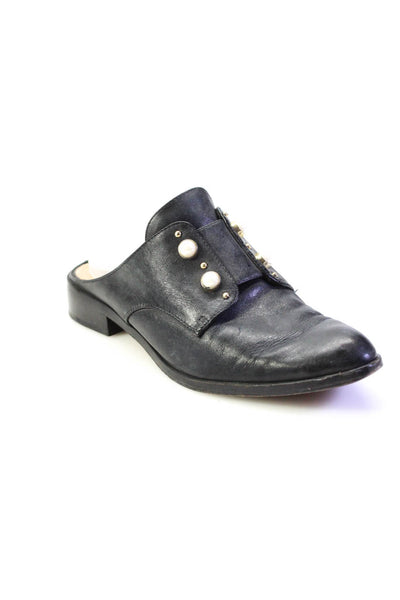 Schutz Womens Jane Faux Pearl Almond Toe Flat Mules Black Leather Size 8