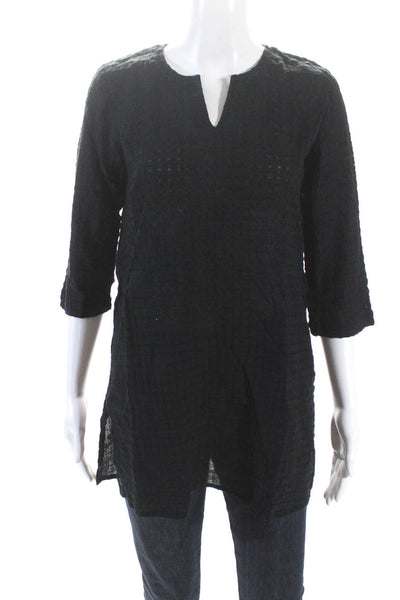 Eileen Fisher Womens Black Textured V-Neck 3/4 Sleeve Tunic Blouse Top Size PP