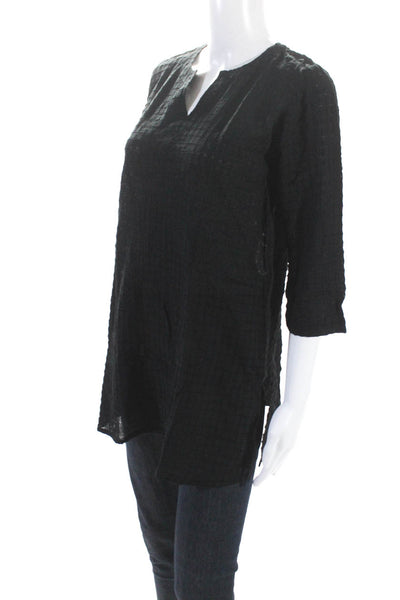 Eileen Fisher Womens Black Textured V-Neck 3/4 Sleeve Tunic Blouse Top Size PP