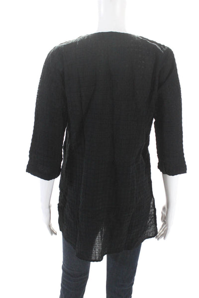 Eileen Fisher Womens Black Textured V-Neck 3/4 Sleeve Tunic Blouse Top Size PP