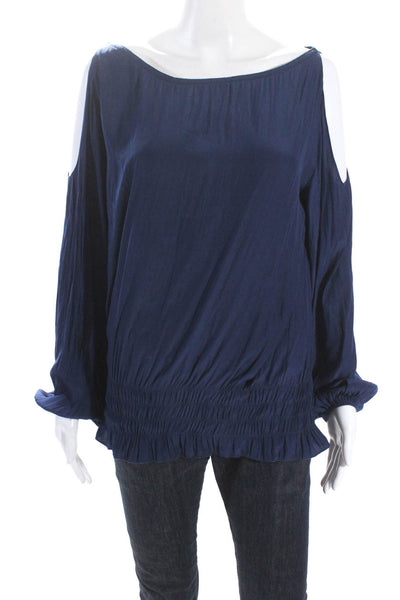 Ramy Brook Womens Blue Scoop Neck Cold Shoulder Long Sleeve Blouse Top Size M