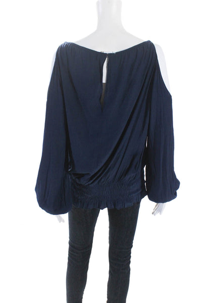 Ramy Brook Womens Blue Scoop Neck Cold Shoulder Long Sleeve Blouse Top Size M