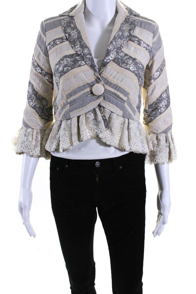 Robert Rodriguez Black Label Womens Floral Print Lace Trim Jacket White Size 4