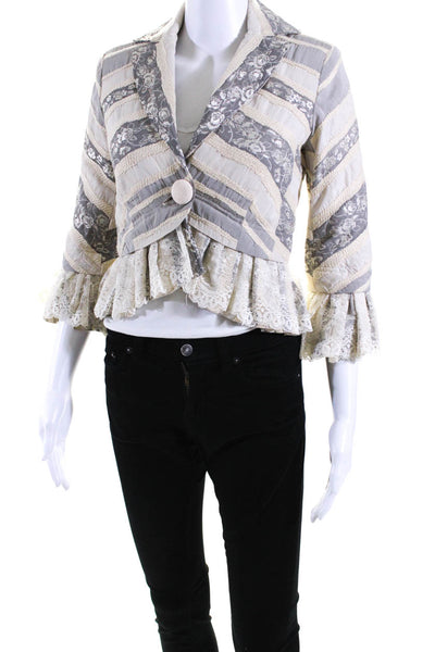 Robert Rodriguez Black Label Womens Floral Print Lace Trim Jacket White Size 4