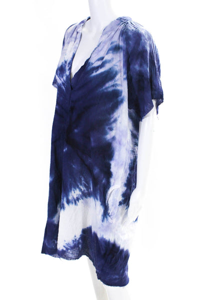 Love Tanjane Womens Short Sleeve V Neck Tie Dyed Shirt Dress Blue Cotton Small