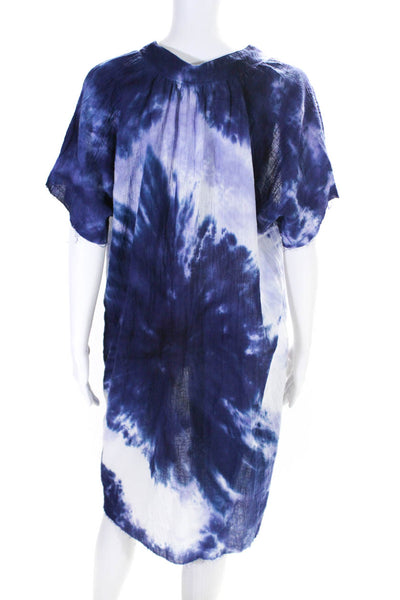 Love Tanjane Womens Short Sleeve V Neck Tie Dyed Shirt Dress Blue Cotton Small