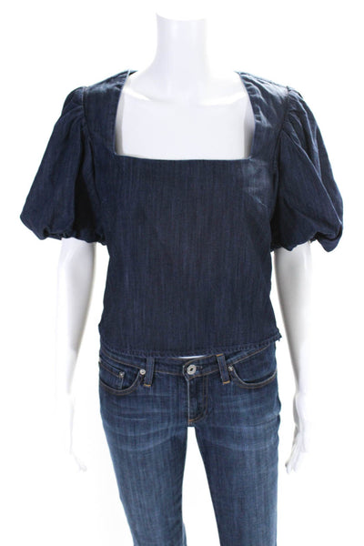 Frame Womens Blue Medium Wash Chambray Square Neck Short Sleeve Blouse Top SizeS
