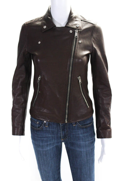 Allsaints Womens Brown Leather Full Zip Long Sleeve Motorcycle Jacket Size 4