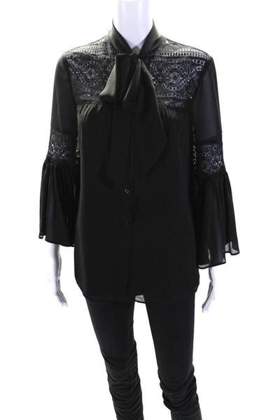 Alice by Temperley Womens Lace Bell Sleeves Button Down Blouse Black Size 4