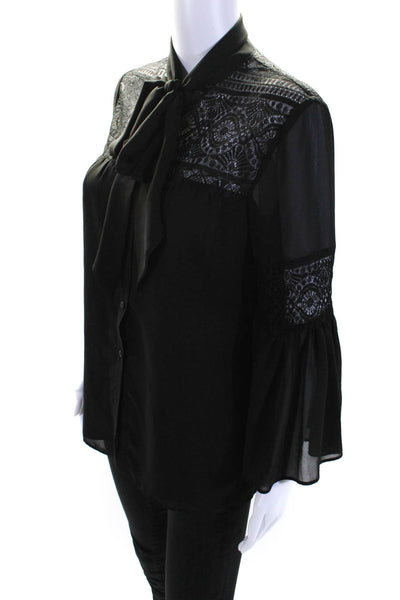 Alice by Temperley Womens Lace Bell Sleeves Button Down Blouse Black Size 4