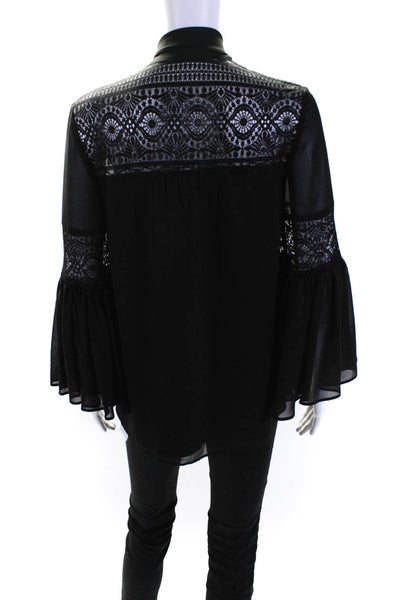 Alice by Temperley Womens Lace Bell Sleeves Button Down Blouse Black Size 4