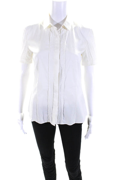 Akris Punto Womens Cotton Pleated Buttoned Collar Short Sleeve Top White Size 6