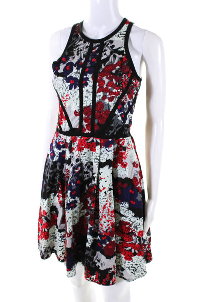 Parker Womens Darted Floral Print Double Zipped Fit & Flare Dress Red Size S