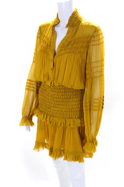 Alexis Womens Silk Ruched Buttoned Flounce Long Sleeve Dress Yellow Size S