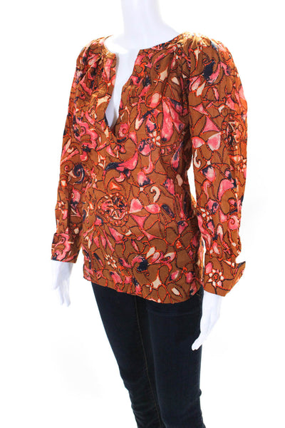 ALC Womens Cotton Abstract Printed V-Neck Long Sleeve Blouse Top Brown Size 6