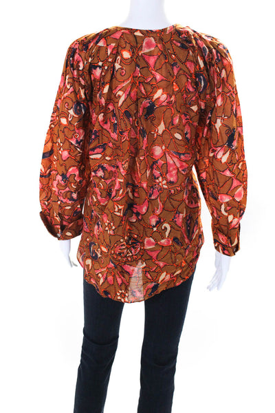 ALC Womens Cotton Abstract Printed V-Neck Long Sleeve Blouse Top Brown Size 6