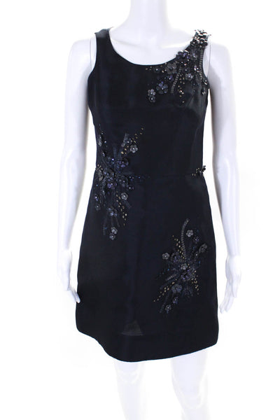 Nina Bauer Womens Floral Accent Sleeveless Back Zip Sheath Dress Blue Size S