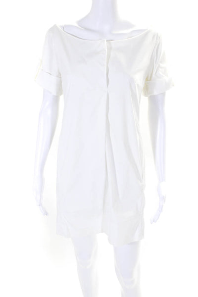 Prada Womens White Cotton V-Neck Short Sleeve Pockets Shirt Dress Size 42