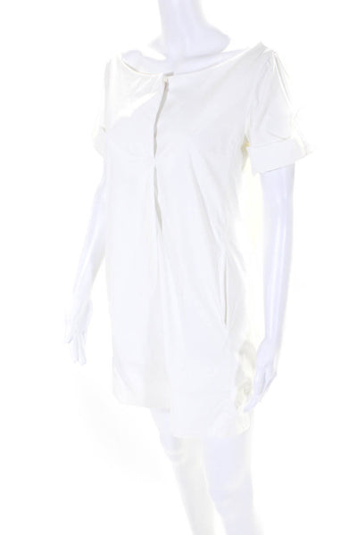 Prada Womens White Cotton V-Neck Short Sleeve Pockets Shirt Dress Size 42