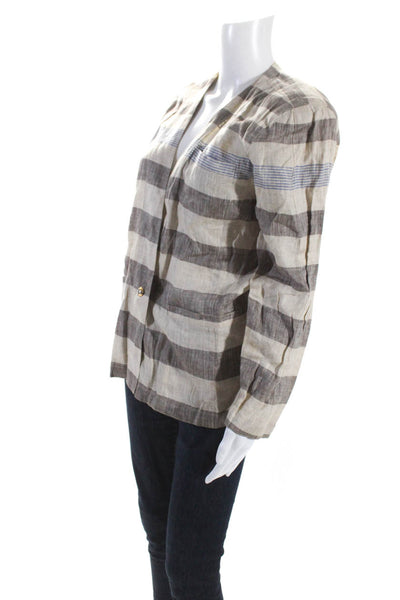 Gianni Versace Womens SIngle Button Striped Linen Vintage Jacket Brown IT 42