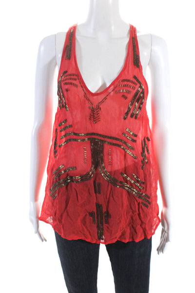 Free People Womens Orange Beaded Scoop Neck Sleeveless Tank Top Size S