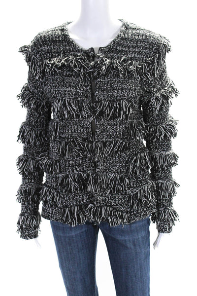 Generation Love Womens Metallic Knit Fringe Cardigan Jacket Black White Small