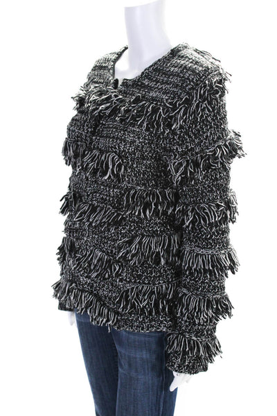 Generation Love Womens Metallic Knit Fringe Cardigan Jacket Black White Small