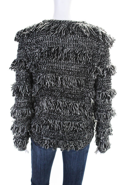 Generation Love Womens Metallic Knit Fringe Cardigan Jacket Black White Small